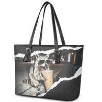 Cool Raccoon Drinking Iced Coffee Leather Tote Bag Funny Animal Meme Urban Night Photography