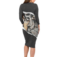 Cool Raccoon Drinking Iced Coffee Long Sleeve Bodycon Dress Funny Animal Meme Urban Night Photography