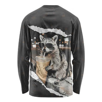 Cool Raccoon Drinking Iced Coffee Long Sleeve Shirt Funny Animal Meme Urban Night Photography