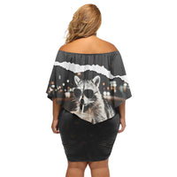 Cool Raccoon Drinking Iced Coffee Off Shoulder Short Dress Funny Animal Meme Urban Night Photography