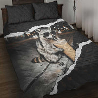 Cool Raccoon Drinking Iced Coffee Quilt Bed Set Funny Animal Meme Urban Night Photography
