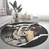 Cool Raccoon Drinking Iced Coffee Round Carpet Funny Animal Meme Urban Night Photography