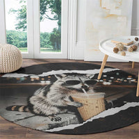 Cool Raccoon Drinking Iced Coffee Round Carpet Funny Animal Meme Urban Night Photography