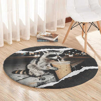 Cool Raccoon Drinking Iced Coffee Round Carpet Funny Animal Meme Urban Night Photography