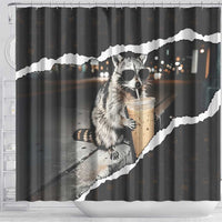 Cool Raccoon Drinking Iced Coffee Shower Curtain Funny Animal Meme Urban Night Photography