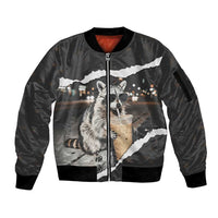 Cool Raccoon Drinking Iced Coffee Sleeve Zip Bomber Jacket Funny Animal Meme Urban Night Photography