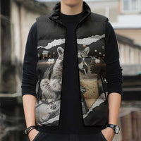 Cool Raccoon Drinking Iced Coffee Sleeveless Puffer Jacket Funny Animal Meme Urban Night Photography