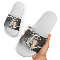 Cool Raccoon Drinking Iced Coffee Slide Sandals Funny Animal Meme Urban Night Photography