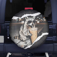 Cool Raccoon Drinking Iced Coffee Spare Tire Cover Funny Animal Meme Urban Night Photography