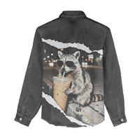 Cool Raccoon Drinking Iced Coffee Women Casual Shirt Funny Animal Meme Urban Night Photography