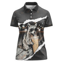 Cool Raccoon Drinking Iced Coffee Women Polo Shirt Funny Animal Meme Urban Night Photography