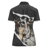 Cool Raccoon Drinking Iced Coffee Women Polo Shirt Funny Animal Meme Urban Night Photography