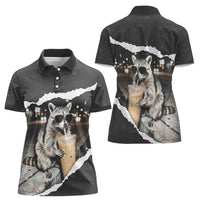 Cool Raccoon Drinking Iced Coffee Women Polo Shirt Funny Animal Meme Urban Night Photography