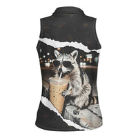Cool Raccoon Drinking Iced Coffee Women Sleeveless Polo Shirt Funny Animal Meme Urban Night Photography