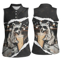 Cool Raccoon Drinking Iced Coffee Women Sleeveless Polo Shirt Funny Animal Meme Urban Night Photography