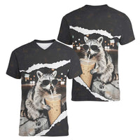 Cool Raccoon Drinking Iced Coffee Women V-Neck T-Shirt Funny Animal Meme Urban Night Photography