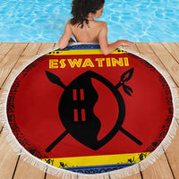 Eswatini Flag Beach Blanket with Traditional Shield Spear and Cultural Pattern Design - Wonder Print Shop