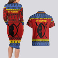 Eswatini Flag Couples Matching Long Sleeve Bodycon Dress and Hawaiian Shirt with Traditional Shield Spear and Cultural Pattern Design - Wonder Print Shop
