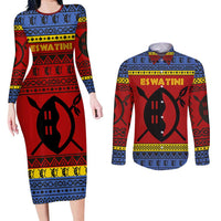 Eswatini Flag Couples Matching Long Sleeve Bodycon Dress and Long Sleeve Button Shirt with Traditional Shield Spear and Cultural Pattern Design - Wonder Print Shop