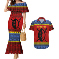 Eswatini Flag Couples Matching Mermaid Dress and Hawaiian Shirt with Traditional Shield Spear and Cultural Pattern Design - Wonder Print Shop
