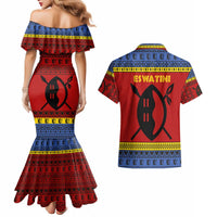 Eswatini Flag Couples Matching Mermaid Dress and Hawaiian Shirt with Traditional Shield Spear and Cultural Pattern Design - Wonder Print Shop