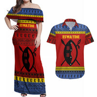 Eswatini Flag Couples Matching Off Shoulder Maxi Dress and Hawaiian Shirt with Traditional Shield Spear and Cultural Pattern Design - Wonder Print Shop