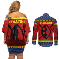 Eswatini Flag Couples Matching Off Shoulder Short Dress and Long Sleeve Button Shirt with Traditional Shield Spear and Cultural Pattern Design - Wonder Print Shop