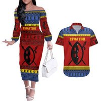 Eswatini Flag Couples Matching Off The Shoulder Long Sleeve Dress and Hawaiian Shirt with Traditional Shield Spear and Cultural Pattern Design - Wonder Print Shop