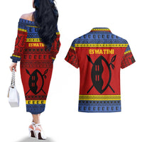 Eswatini Flag Couples Matching Off The Shoulder Long Sleeve Dress and Hawaiian Shirt with Traditional Shield Spear and Cultural Pattern Design - Wonder Print Shop