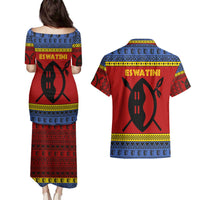 Eswatini Flag Couples Matching Puletasi and Hawaiian Shirt with Traditional Shield Spear and Cultural Pattern Design - Wonder Print Shop