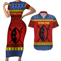 Eswatini Flag Couples Matching Short Sleeve Bodycon Dress and Hawaiian Shirt with Traditional Shield Spear and Cultural Pattern Design - Wonder Print Shop