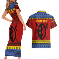 Eswatini Flag Couples Matching Short Sleeve Bodycon Dress and Hawaiian Shirt with Traditional Shield Spear and Cultural Pattern Design - Wonder Print Shop