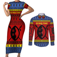 Eswatini Flag Couples Matching Short Sleeve Bodycon Dress and Long Sleeve Button Shirt with Traditional Shield Spear and Cultural Pattern Design - Wonder Print Shop