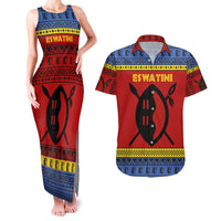 Eswatini Flag Couples Matching Tank Maxi Dress and Hawaiian Shirt with Traditional Shield Spear and Cultural Pattern Design - Wonder Print Shop