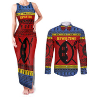 Eswatini Flag Couples Matching Tank Maxi Dress and Long Sleeve Button Shirt with Traditional Shield Spear and Cultural Pattern Design - Wonder Print Shop