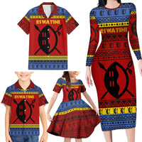 Eswatini Flag Family Matching Long Sleeve Bodycon Dress and Hawaiian Shirt with Traditional Shield Spear and Cultural Pattern Design - Wonder Print Shop