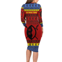 Eswatini Flag Family Matching Long Sleeve Bodycon Dress and Hawaiian Shirt with Traditional Shield Spear and Cultural Pattern Design - Wonder Print Shop