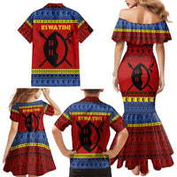 Eswatini Flag Family Matching Mermaid Dress and Hawaiian Shirt with Traditional Shield Spear and Cultural Pattern Design - Wonder Print Shop