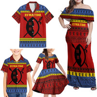 Eswatini Flag Family Matching Off Shoulder Maxi Dress and Hawaiian Shirt with Traditional Shield Spear and Cultural Pattern Design - Wonder Print Shop
