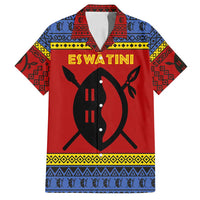 Eswatini Flag Family Matching Off Shoulder Maxi Dress and Hawaiian Shirt with Traditional Shield Spear and Cultural Pattern Design - Wonder Print Shop