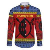 Eswatini Flag Family Matching Off Shoulder Short Dress and Hawaiian Shirt with Traditional Shield Spear and Cultural Pattern Design - Wonder Print Shop