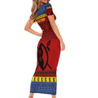 Eswatini Flag Family Matching Short Sleeve Bodycon Dress and Hawaiian Shirt with Traditional Shield Spear and Cultural Pattern Design - Wonder Print Shop
