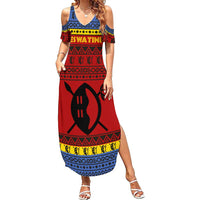 Eswatini Flag Family Matching Summer Maxi Dress and Hawaiian Shirt with Traditional Shield Spear and Cultural Pattern Design - Wonder Print Shop