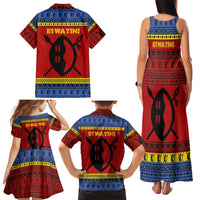 Eswatini Flag Family Matching Tank Maxi Dress and Hawaiian Shirt with Traditional Shield Spear and Cultural Pattern Design - Wonder Print Shop