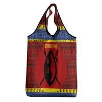 Eswatini Flag Grocery Bag with Traditional Shield Spear and Cultural Pattern Design - Wonder Print Shop