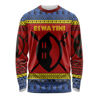 Eswatini Flag Long Sleeve Shirt with Traditional Shield Spear and Cultural Pattern Design - Wonder Print Shop