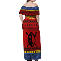 Eswatini Flag Off Shoulder Maxi Dress with Traditional Shield Spear and Cultural Pattern Design - Wonder Print Shop
