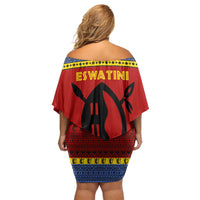 Eswatini Flag Off Shoulder Short Dress with Traditional Shield Spear and Cultural Pattern Design - Wonder Print Shop