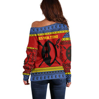 Eswatini Flag Off Shoulder Sweater with Traditional Shield Spear and Cultural Pattern Design - Wonder Print Shop