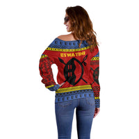 Eswatini Flag Off Shoulder Sweater with Traditional Shield Spear and Cultural Pattern Design - Wonder Print Shop